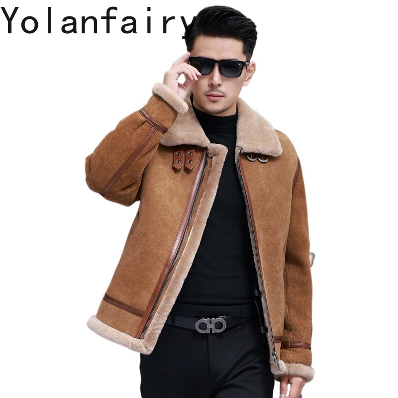 Men'S Fashion Zipper Jacket - YOLANFAIRY เสื้อแจ็คเก็ตหนังแกะแท้คุณภาพสูงสำหรับผู้ชาย เสื้อโค้ทขนสัตว์แท้สำหรับฤดูหนาว เสื้อผ้าแฟชั่นสำหรับผู้ชาย