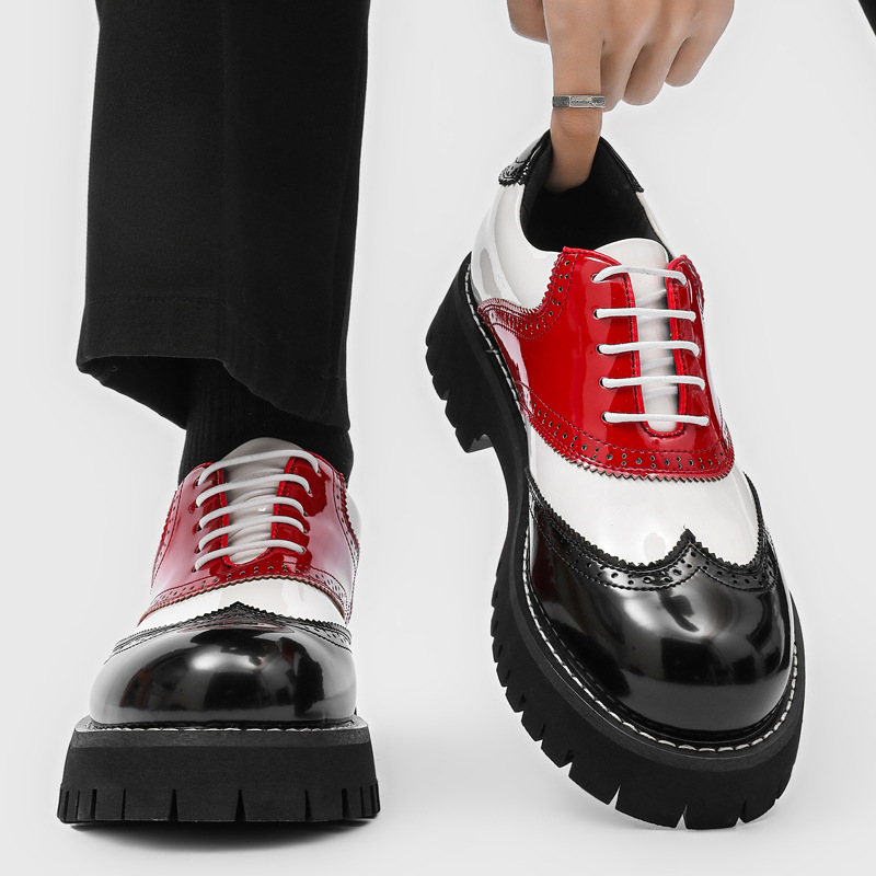 Oxford Shoes Brogue - รองเท้าแฟชั่นผู้ชายสไตล์ฮิปฮอปร็อค รองเท้าพื้นหนาแบบผูกเชือก หนังแก้ว รองเท้าอ็อกซ์ฟอร์ด รองเท้าลายฉลุ รองเท้าผ้าใบดีไซน์เนอร์สุดเท่