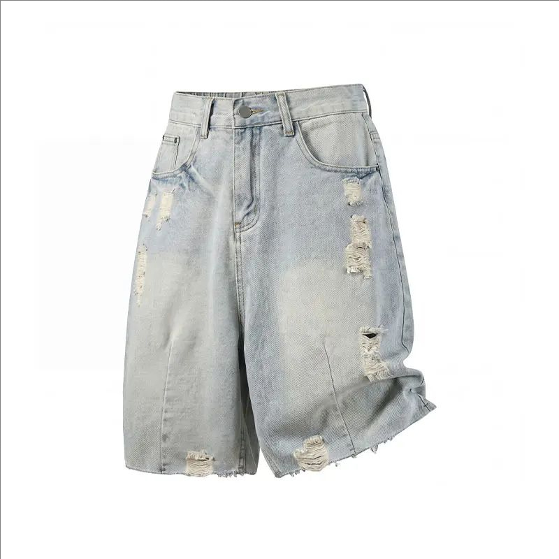 Men Fashion Jeans - กางเกงยีนส์ขาสั้นลำลองผู้ชายสำหรับฤดูร้อน เอวสูงปานกลาง ทรงหลวม แฟชั่น ความยาวระดับเข่า ขาดๆ