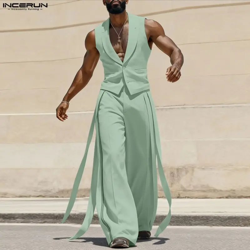 Mens Fashion Casual 2026 - INCERUN ชุดเซ็ตผู้ชาย สีพื้น คอวี เสื้อกั๊กแขนกุดและกางเกงพร้อมเข็มขัด ชุดสองชิ้น