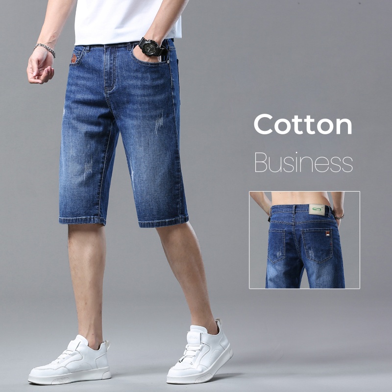 Men Fashion Jeans - กางเกงขาสั้นผู้ชายฤดูร้อนตรงกางเกงยีนส์กางเกงขาสั้นสีฟ้าธุรกิจแฟชั่นสบายๆกางเกงยีนส์สั้นผ้าฝ้ายผู้ชายเสื้อผ้ายืดกางเกงใหม่