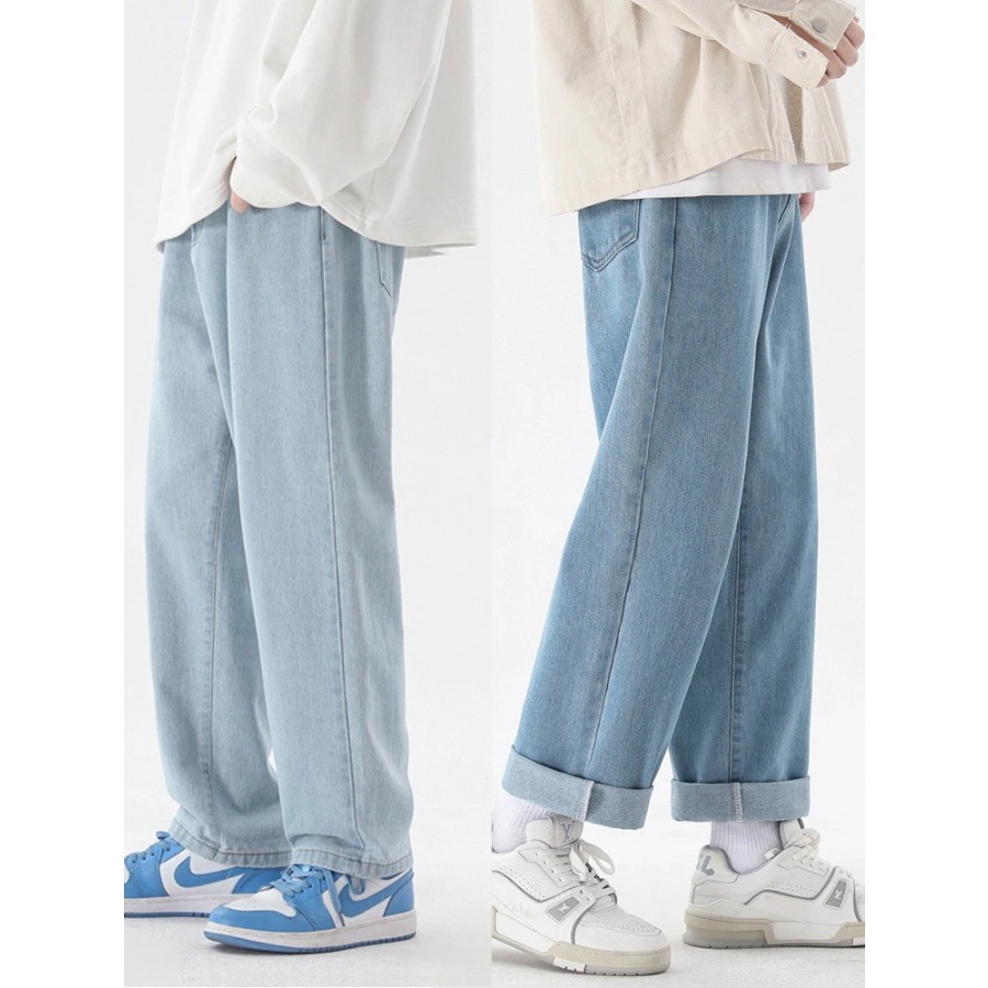 Men'S Fashion Grey Jeans - กางเกงยีนส์ผู้ชายสไตล์เกาหลีใหม่ปี 2026 ทรงลำลอง ความยาวระดับข้อเท้า ทรงตรง ขากว้าง