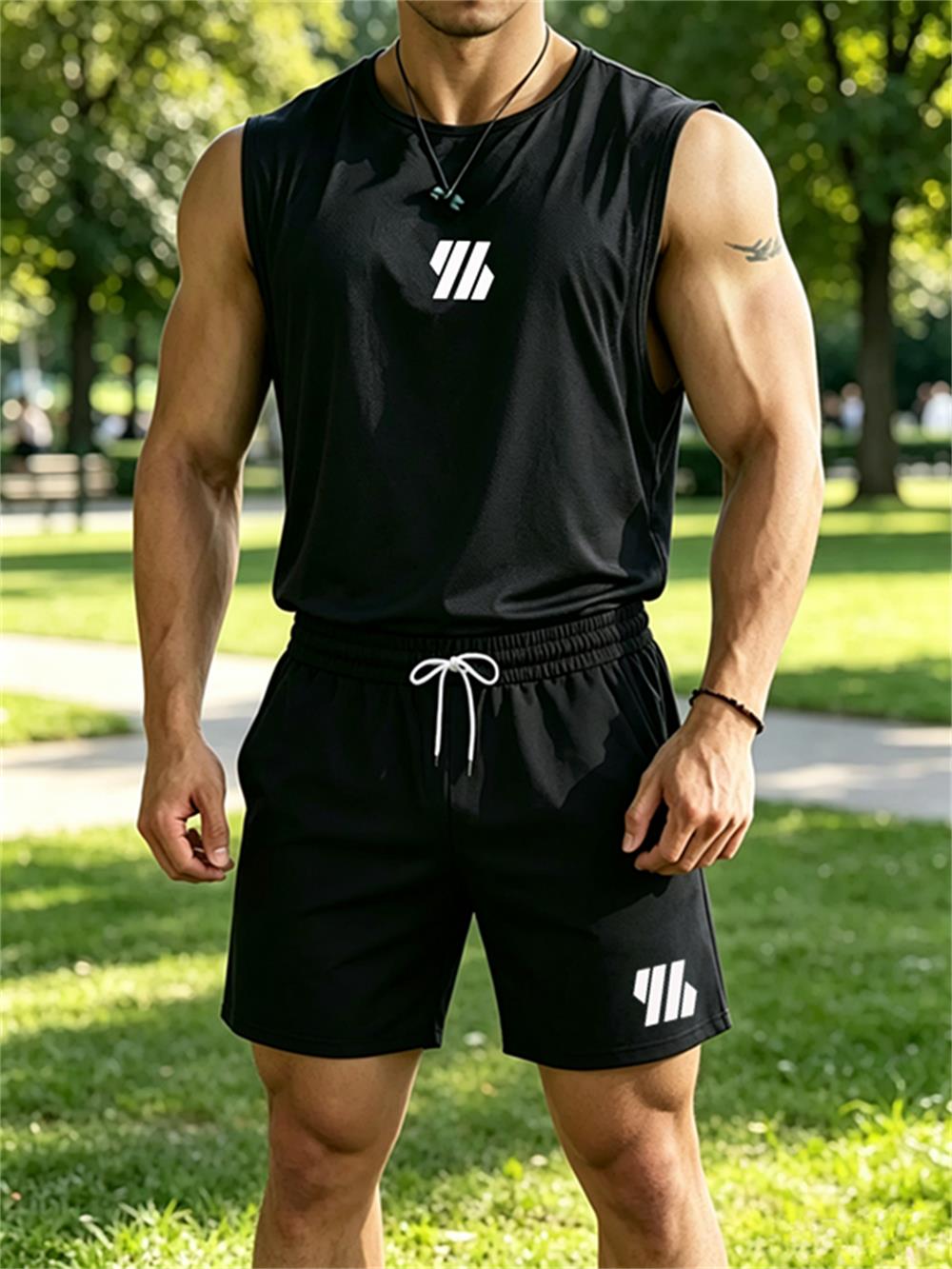 Mens Fashion Casual 2026 - ชุดกีฬาผู้ชายแบรนด์ใหม่ปี 2026 เสื้อกั๊กคอกลมพิมพ์ลายทันสมัย/กางเกงขาสั้นระบายอากาศ