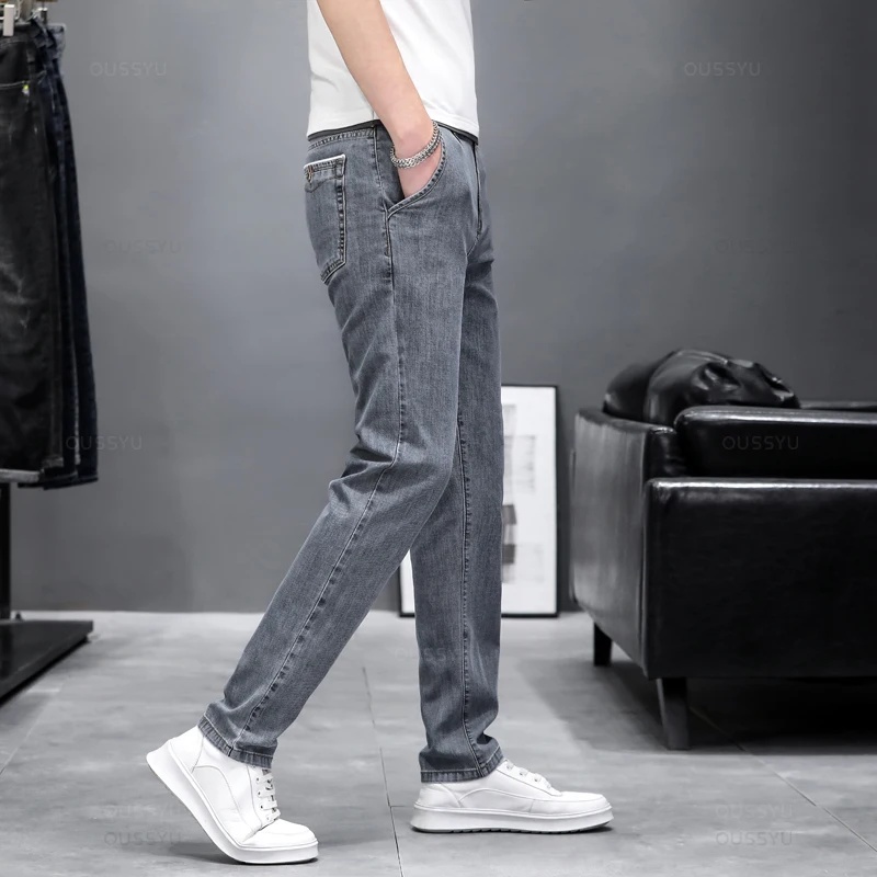 Men'S Fashion Grey Jeans - กางเกงยีนส์สกินนี่ผ้ายืดสำหรับผู้ชาย แฟชั่นลำลอง ทรงสลิมฟิต ดีไซน์เนอร์ กางเกงยีนส์ยืดสีเทา แบรนด์