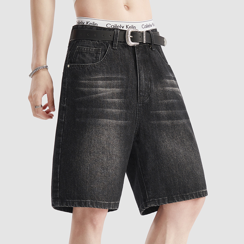 Men'S Fashion Jeans - กางเกงยีนส์ขาสั้นสีดำบางเบาสำหรับฤดูร้อน แฟชั่นเกาหลีทรงหลวมสไตล์เรโทร ล้างสีแล้ว ผ้าฝ้ายสีพื้นลำลองสำหรับผู้ชาย
