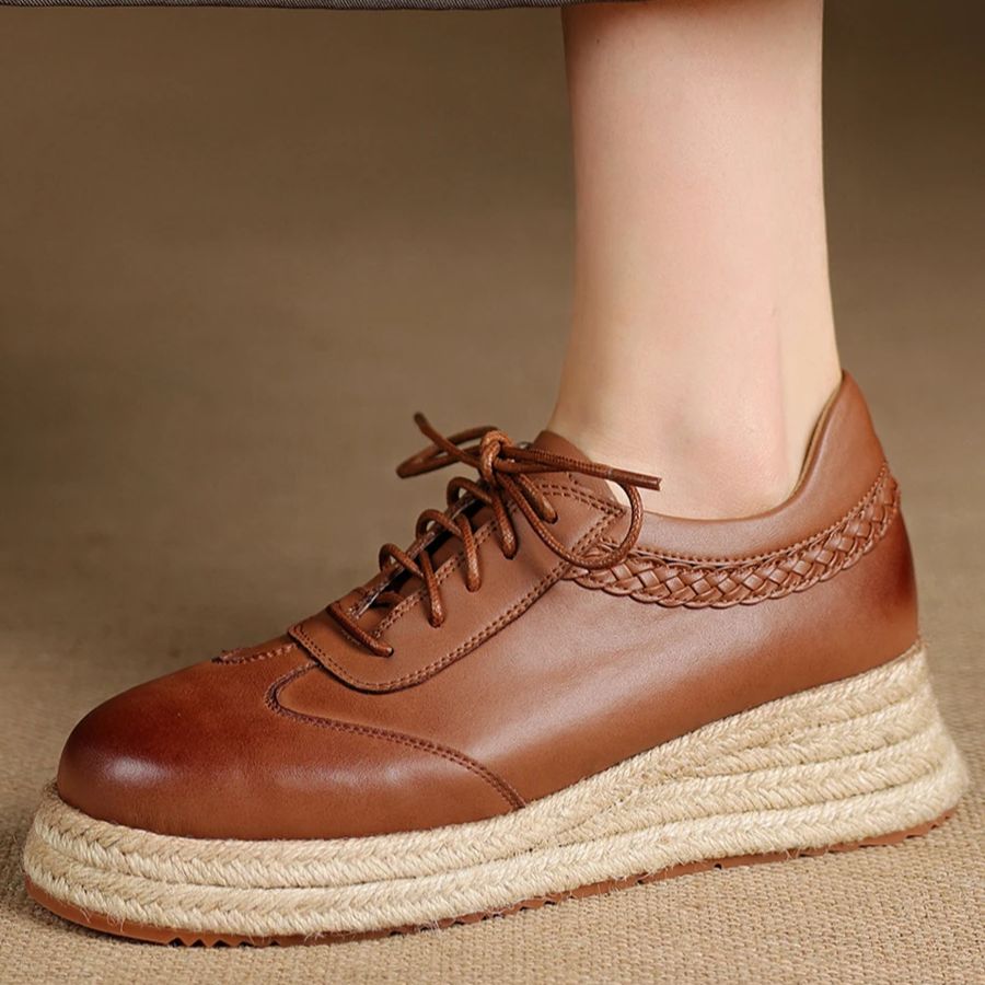 Oxford Shoes Brogue - EAGSITY วัวหนังสีน้ําตาล Oxford รองเท้าสไตล์ผู้หญิง espadrilles WEDGE