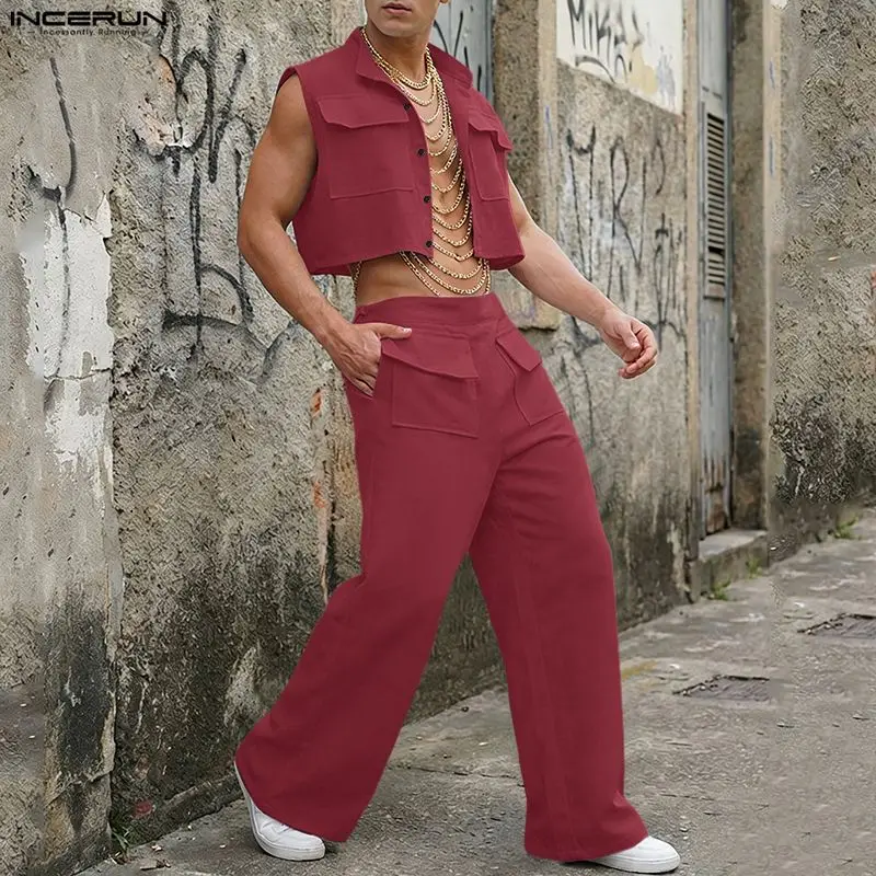 Mens Fashion Casual 2026 - INCERUN ชุดเซ็ตผู้ชาย เสื้อครอปแขนกุดสีพื้น กางเกงขายาว ชุด 2