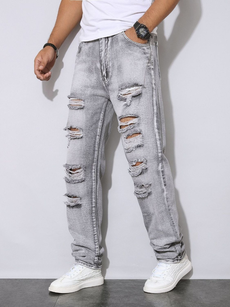 Men'S Fashion Grey Jeans - กางเกงยีนส์สีเทาขาดๆ สำหรับผู้ชาย ฤดูใบไม้ร่วง ฤดูหนาว สไตล์อเมริกัน สตรีทแฟชั่น