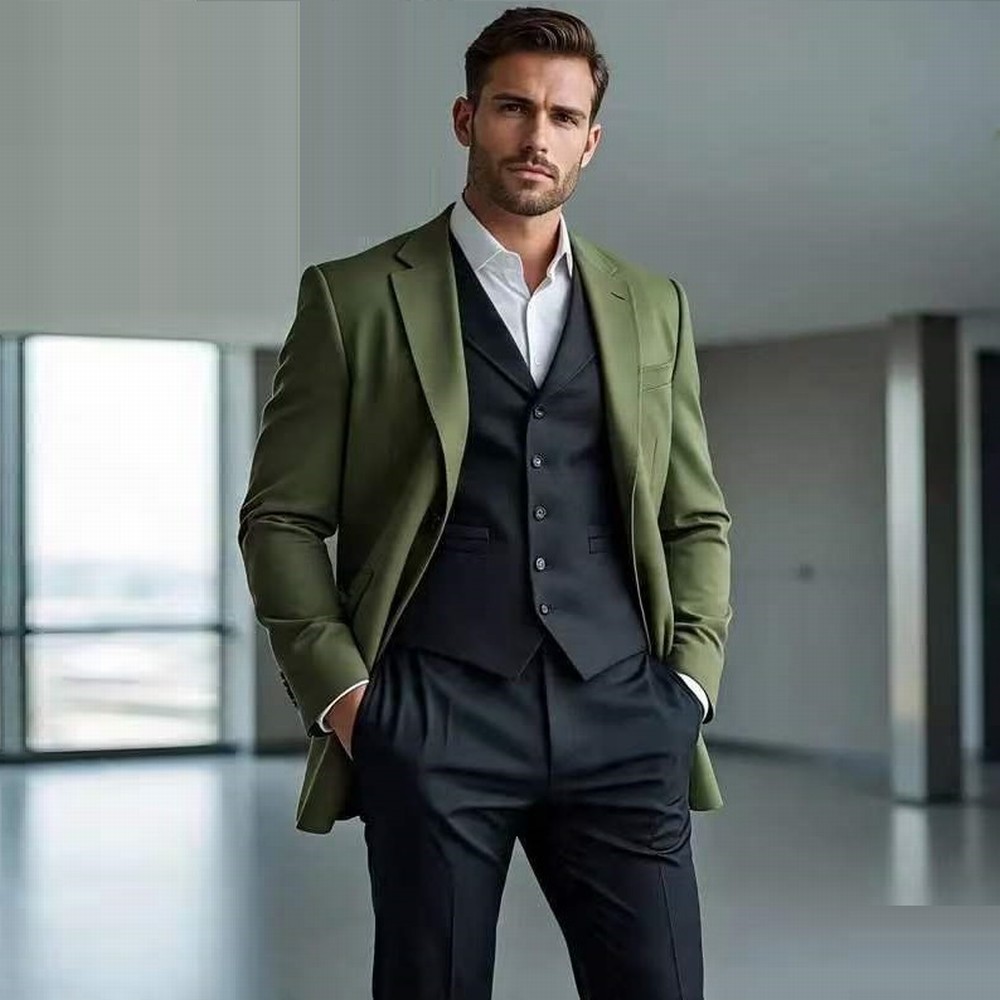Men'S Fashion Zipper Jacket - ชุดสูทผู้ชายสีเขียวทหารและสีดำ แฟชั่นทางการ สำหรับงานแต่งงาน งานเลี้ยง เจ้าบ่าว เพื่อนเจ้าบ่าว