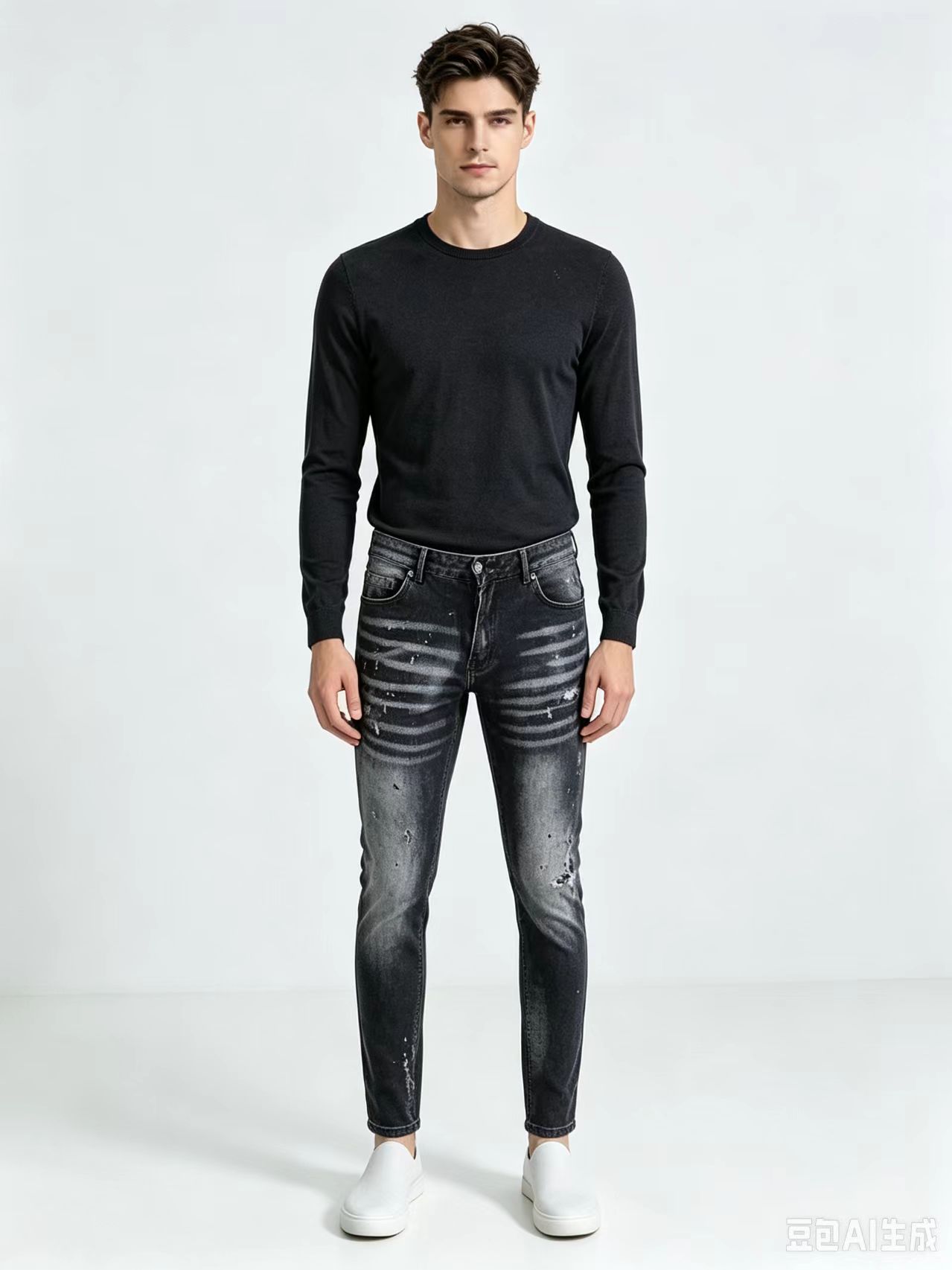 Men'S Fashion Grey Jeans - กางเกงยีนส์ผู้ชายทรงสกินนี่สีดำเทา ลายกราฟฟิตี้สไตล์ฮิปฮอป แฟชั่นใหม่ Y2K