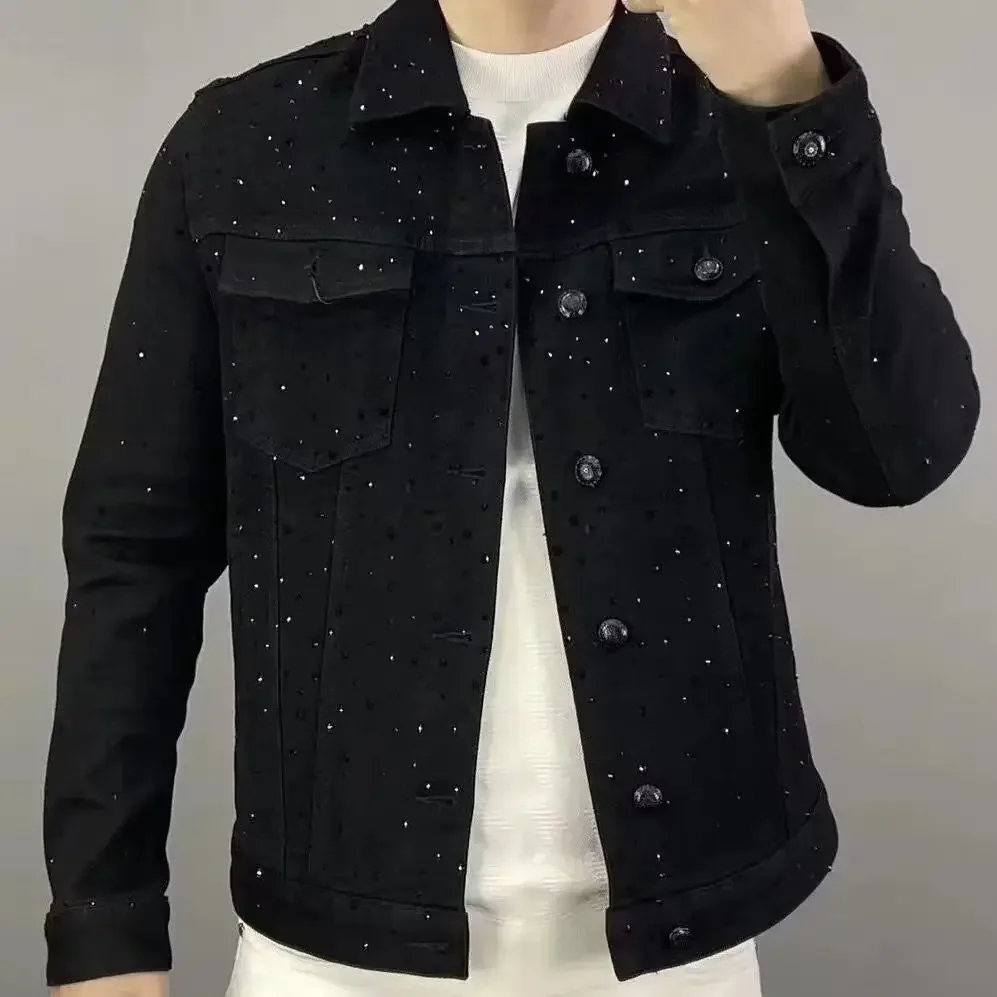 Mens Fashion Denim Jacket - กางเกงยีนส์สําหรับชายปุ่ม Casual Slim สั้น DENIM แจ็คเก็ต