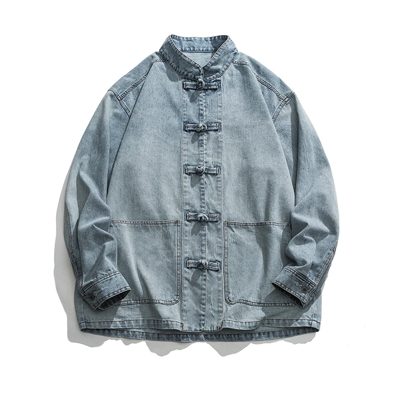 Mens Fashion Denim Jacket - เสื้อแจ็คเก็ตยีนส์สไตล์จีนสำหรับผู้ชาย เสื้อผ้าแนวสตรีทสไตล์โอเรียนทอล เสื้อโค้ทยีนส์ผู้ชายสำหรับฤดูใบไม้ร่วง แฟชั่นวินเทจ ฮิปฮอป เสื้อคลุมหลวมๆ