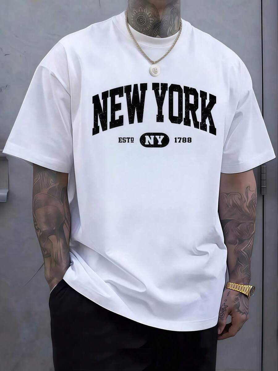 York Men'S Fashion - เสื้อยืดผู้ชายพิมพ์ลายตัวอักษร New York สีขาว 1 ชิ้น,