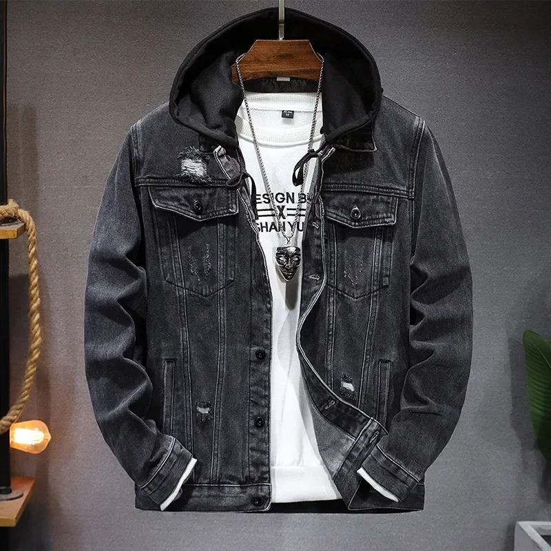 Men'S Fashion Grey Jeans - Pop ฤดูใบไม้ผลิฤดูใบไม้ร่วงใหม่แฟชั่นผู้ชายอินเทรนด์ล้างสีเทากางเกงยีนส์เสื้อแจ็คเก็ต Hole Patched หมวกที่ถอดออกได้ Hooded