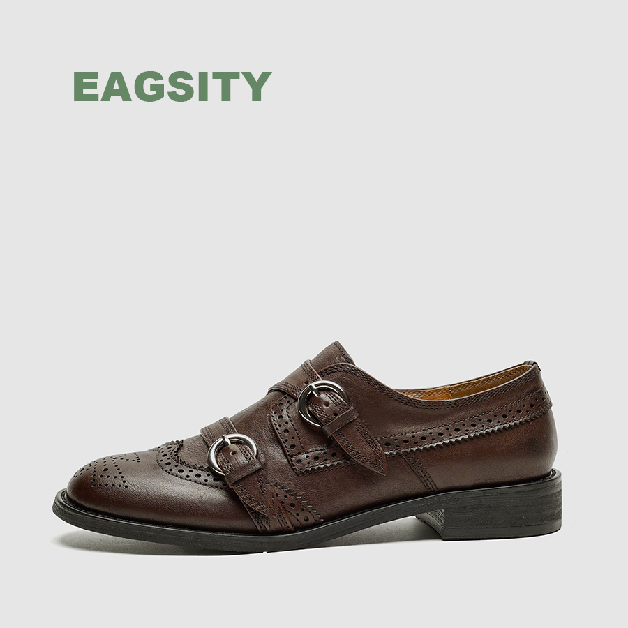 Oxford Shoes Brogue - รองเท้าหนังวัวแท้สไตล์อังกฤษสำหรับผู้หญิง รองเท้าอ็อกซ์ฟอร์ด ส้นบล็อก หัวกลม รองเท้าเดอร์บี้ รองเท้าบร็อก