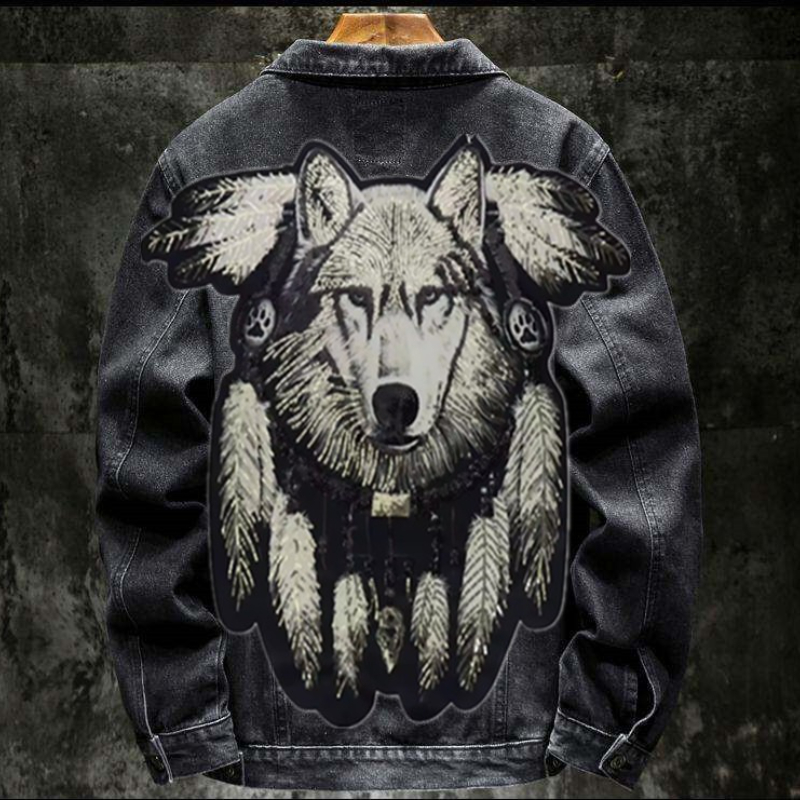 Mens Fashion Denim Jacket - อเมริกา Vintage Heavy Wolf ปักกางเกงยีนส์ชายเสื้อ Hip