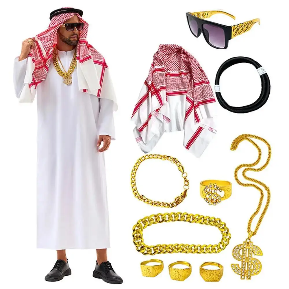 Mens Fashion Jumpsuit - ชุดคอสเพลย์ชาวอาหรับดูไบ สไตล์ชีค สหรัฐอาหรับเอมิเรตส์ เสื้อคลุมสีขาว ผ้าคลุมศีรษะ สำหรับงานวันเกิดชาวซาอุดิอาระเบีย