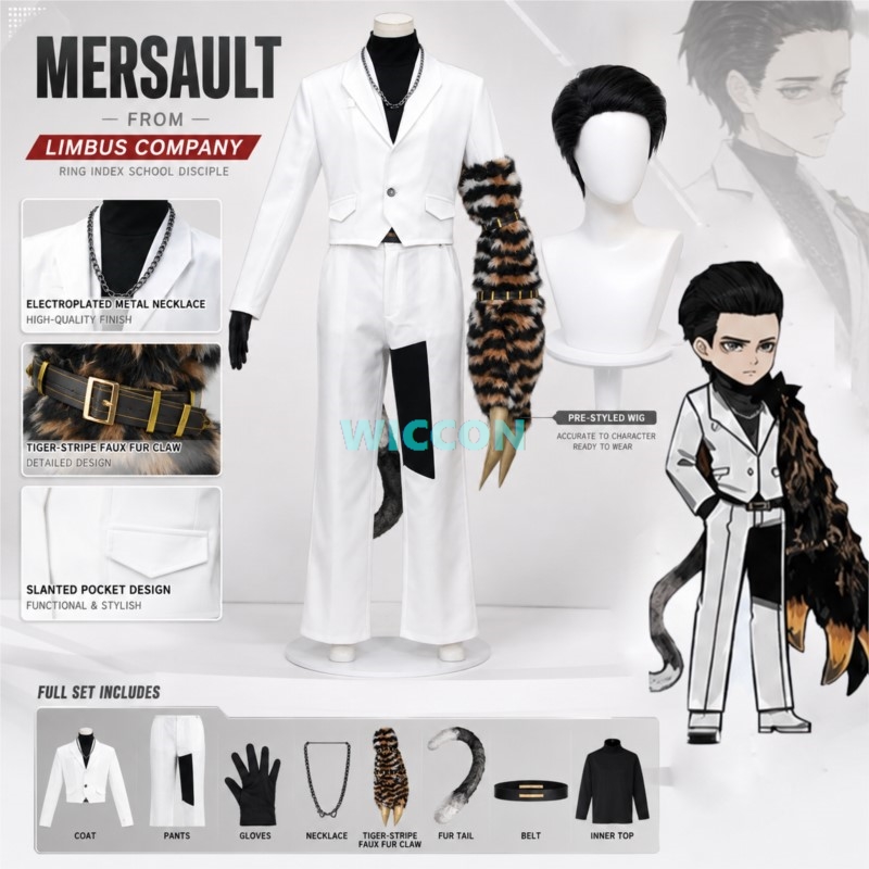 Mens Fashion Jumpsuit - ชุดคอสเพลย์เมอร์ซอลท์จากเกม Limbus Company ชุดเต็มพร้อมกรงเล็บขนยาว หาง และวิกผมสำหรับผู้ชายในธีมฮาโลวีน