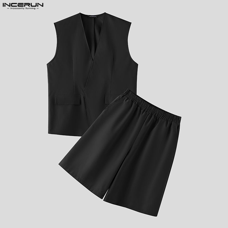 Mens Fashion Casual 2026 - INCERUN ชุดเซ็ตผู้ชาย สีพื้น คอวี เสื้อกั๊กแขนกุดและกางเกงขาสั้น ชุดสองชิ้น