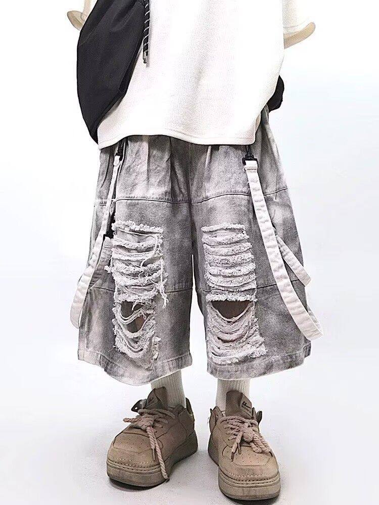Men Fashion Jeans - กางเกงยีนส์ขาดสไตล์เรโทรฮิปฮอปสำหรับผู้ชาย แฟชั่นลำลองแบบอเมริกันสำหรับฤดูร้อน ทรงหลวม สไตล์สตรีท ล้างสีแบบวินเทจ แต่งผ้าปะติด
