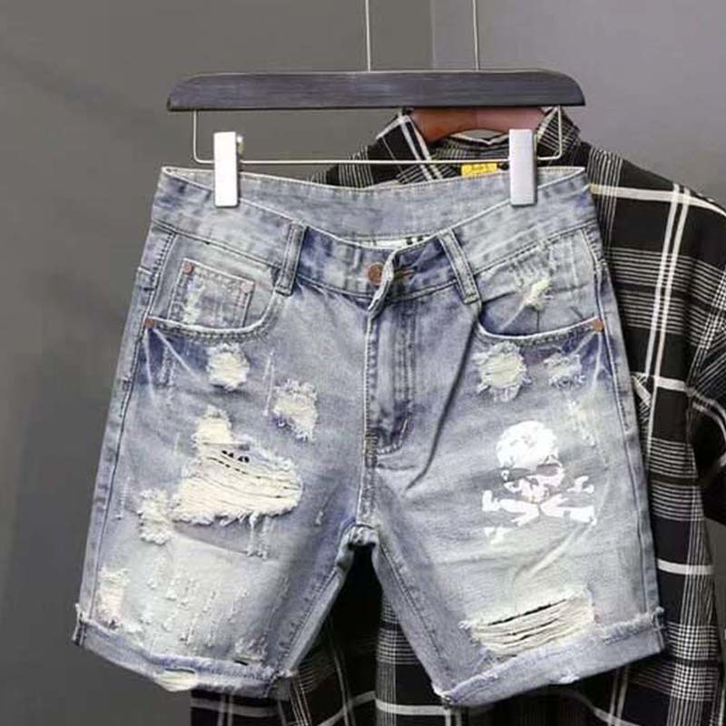 Men Fashion Jeans - ชุดเดรสผู้ชายแบบมีรูลูกปัดยืดได้แนวสตรีทกางเกงยีนส์ชายขาสั้นแบบขาด MODE Korea celana pendek DENIM