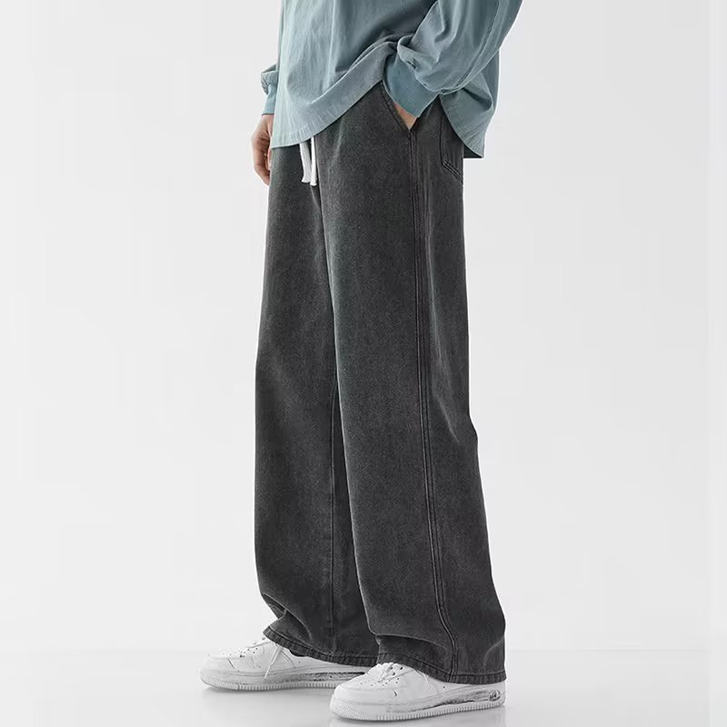Men'S Fashion Grey Jeans - กางเกงยีนส์ทรงหลวมสไตล์เกาหลีสำหรับผู้ชาย เอวยางยืด สีพื้น คลาสสิก ทรงตรง ขากว้าง
