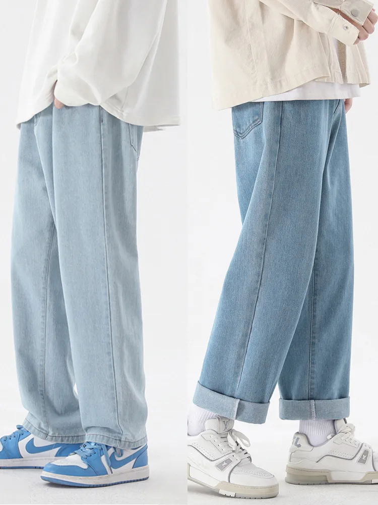 Men'S Fashion Grey Jeans - กางเกงยีนส์ยาวถึงข้อเท้าของผู้ชายแบบลำลองใหม่ MODE Korea ใหม่กางเกงขากว้างผ้ายีนส์ขากว้างสีฟ้าสีเทาสีดำ3XL