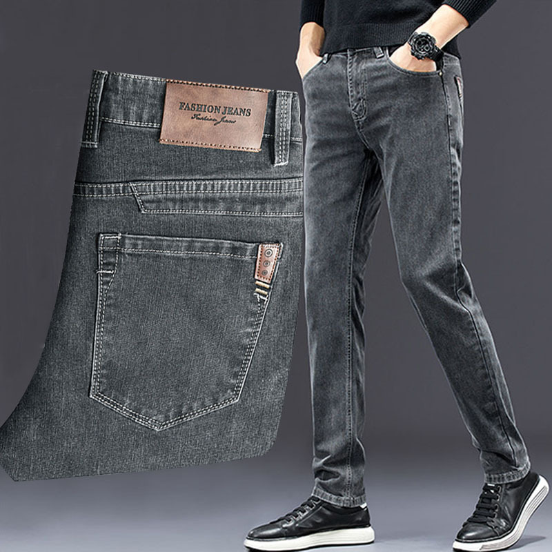 กางเกงยีนส์ยืดตรงแบบลำลองของผู - Men'S Fashion Grey Jeans บทวิจารณ์และราคา