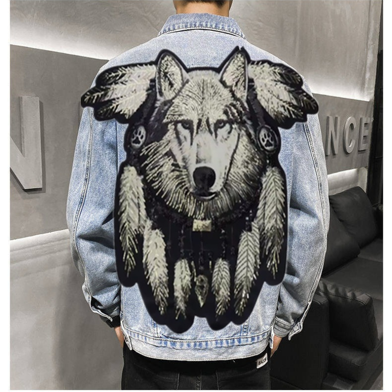 อเมริกา Vintage Heavy Wolf ปัก - Mens Fashion Denim Jacket บทวิจารณ์และราคา